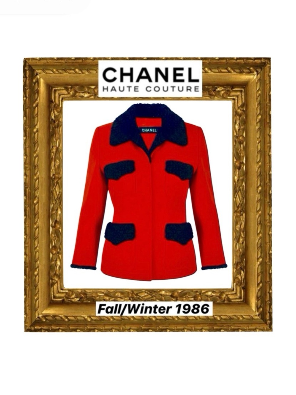 CHANEL Haute Couture 1986 runway documented red wool and black shearling jacket